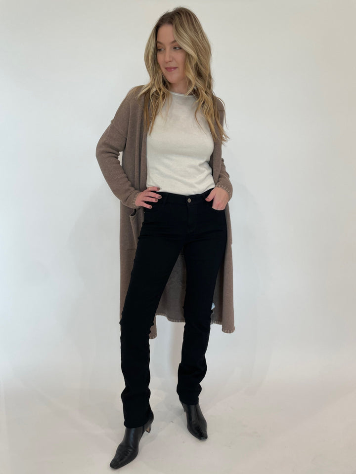 Edinburgh Knitwear Cotton Cloud Crew Top in White layered with Kerri Rosenthal Poppy & Love Duster in Taupe, paired with MAC Denim Dream Jean 32" in Black available at Barbara Katz