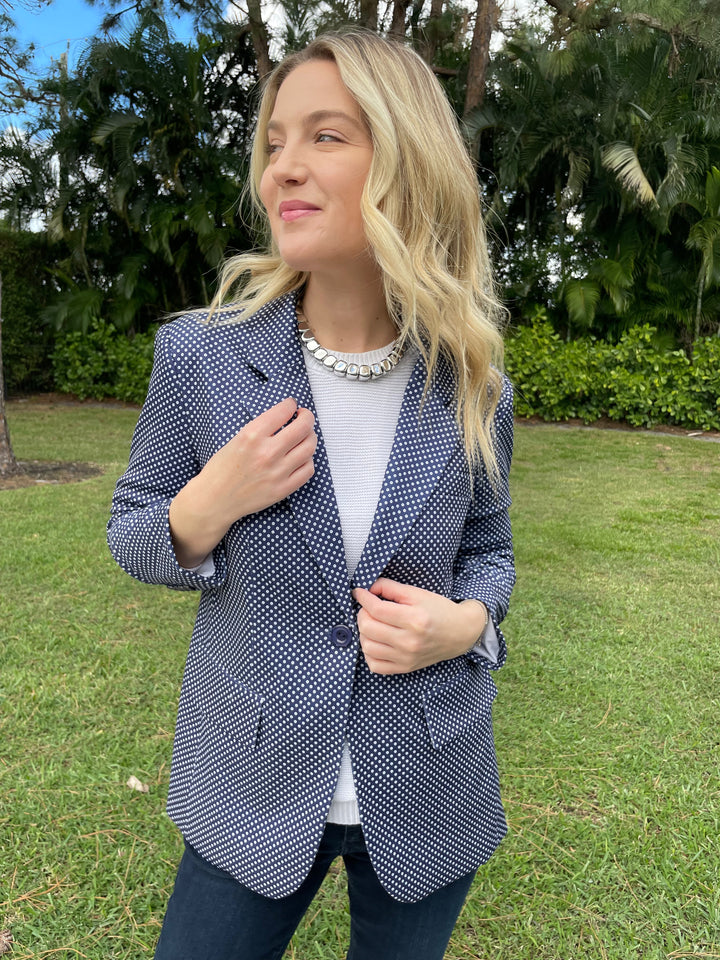 Peace of Cloth Pindot Jaime Blazer in Navy with Vanessa Baroni Mini Organic Shaped Necklace in Silver available at Barbara Katz