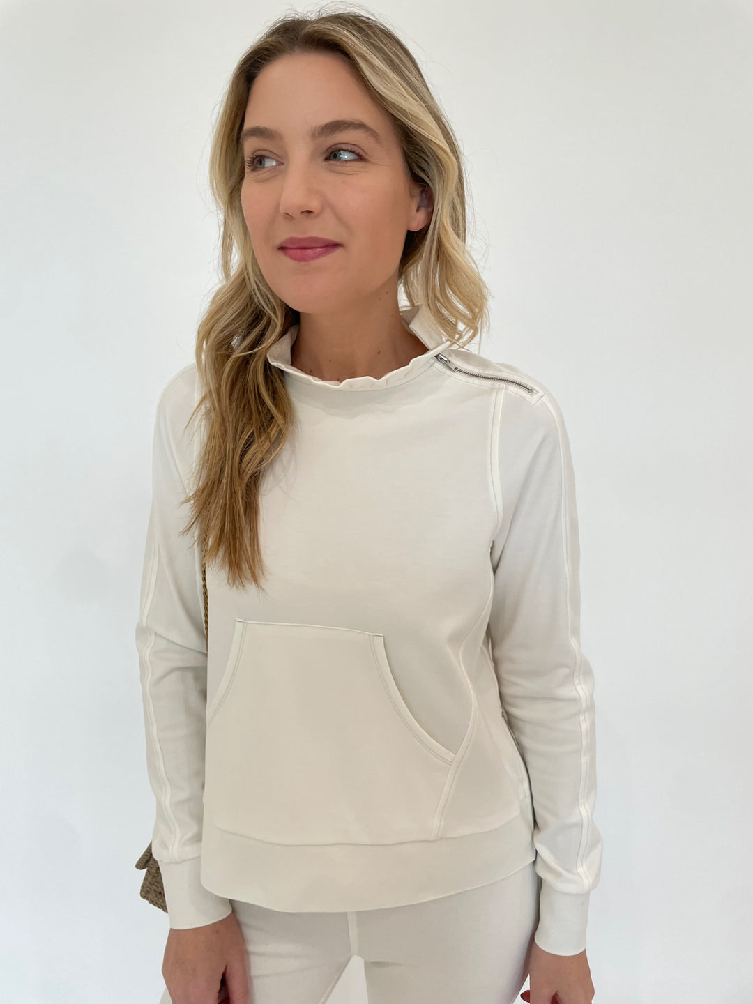 Peace of Cloth Tatum Ruffle Neck Pullover Sweater in Oyster available at Barbara Katz