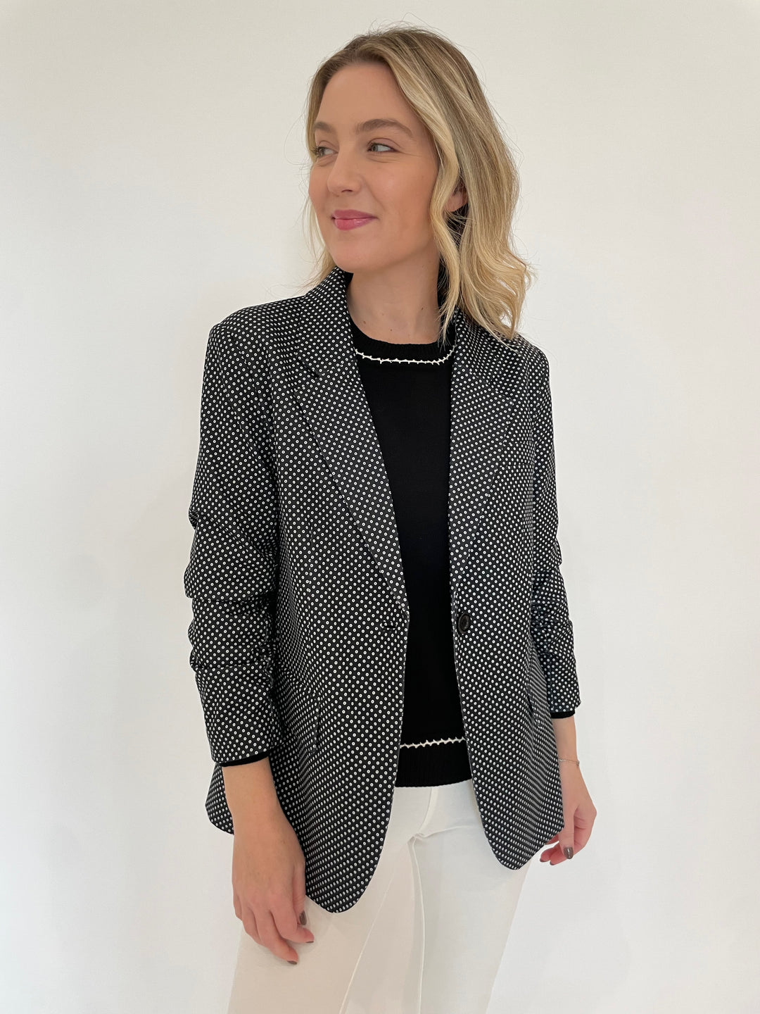 Peace of Cloth Pindot Jaime Blazer in Black with Black Ricrac Detail Crew Neck Sweater underneath available at Barbara Katz