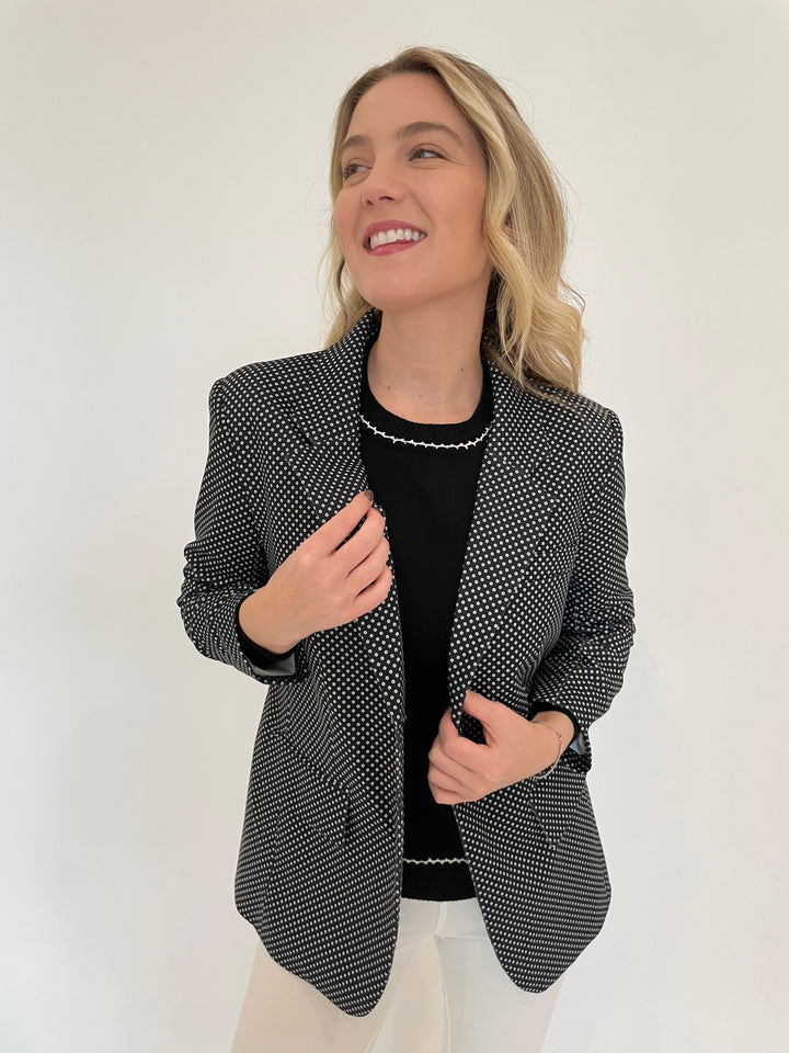 Peace of Cloth Pindot Jaime Blazer in Black with Black Ricrac Detail Crew Neck Sweater underneath available at Barbara Katz