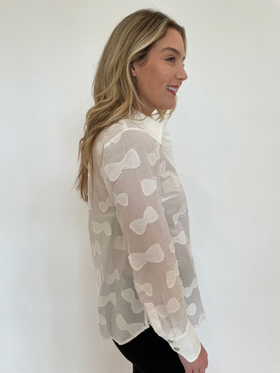 Hope For Flowers Frilled Button Down Long Sleeve Shirt in White available at Barbara Katz