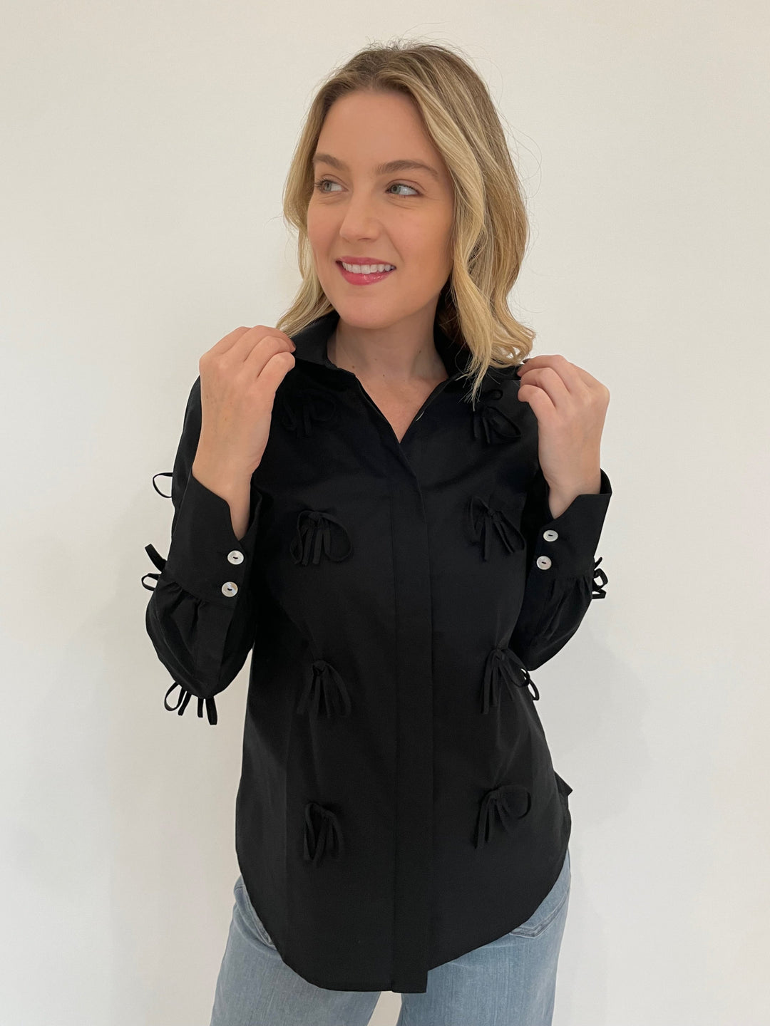 Hope For Flowers Bow Button Down Shirt in Black available at Barbara Katz