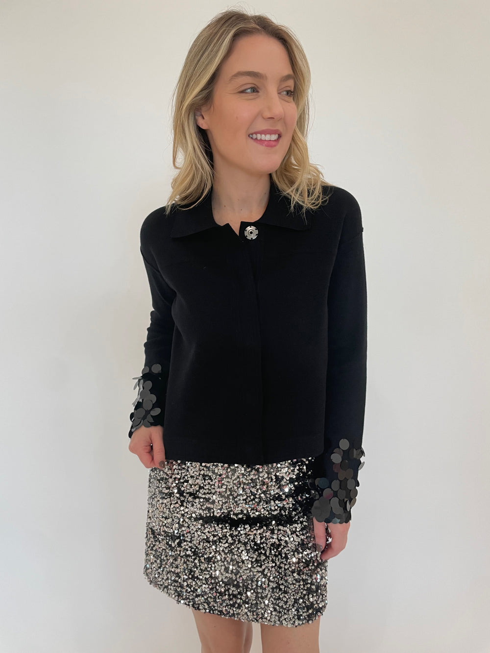 Lisa Todd The Shimmy Sweater in Black  paired with Max Mara Weekend Uvetta Jersey Skirt in Black available at Barbara Katz