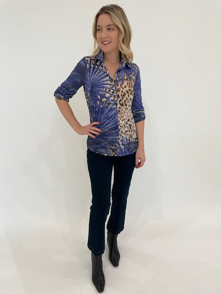 David Cline Zephyr Roll-Up Snap Shirt in Lake paired with Lysse Ankle Denim Baby Bootcut Pants in Indigo available at Barbara Katz