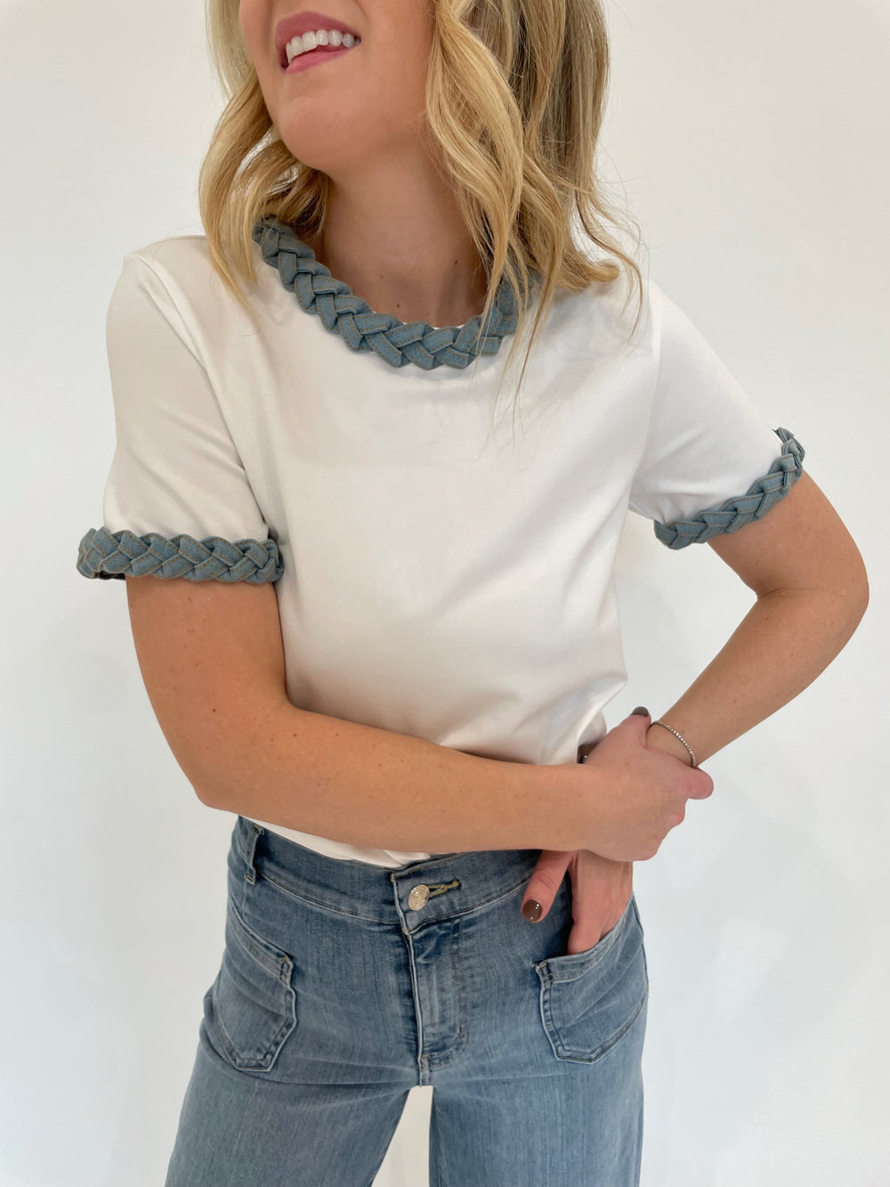 Cinq a Sept Denim Braided Tee in White  paired with Frame Le Slim Palazzo Bardot Pocket Jeans in Wilson Clean available at Barbara Katz