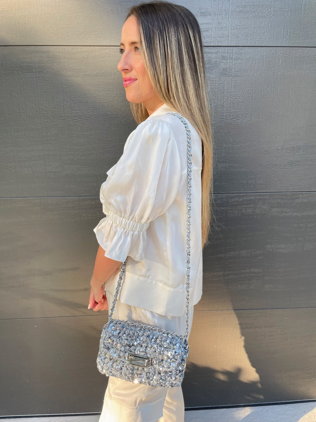 Lorenza Gandaglia Club FLA Bag in Silver Sequins and Lamé available at Barbara Katz