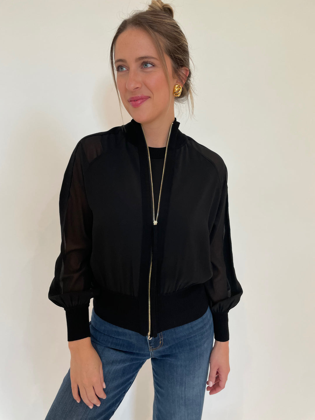 Marella FL VSC Sorona Jacket in Black with Ben Amun Madeline Clip-On Link Earrings in Gold available at Barbara Katz