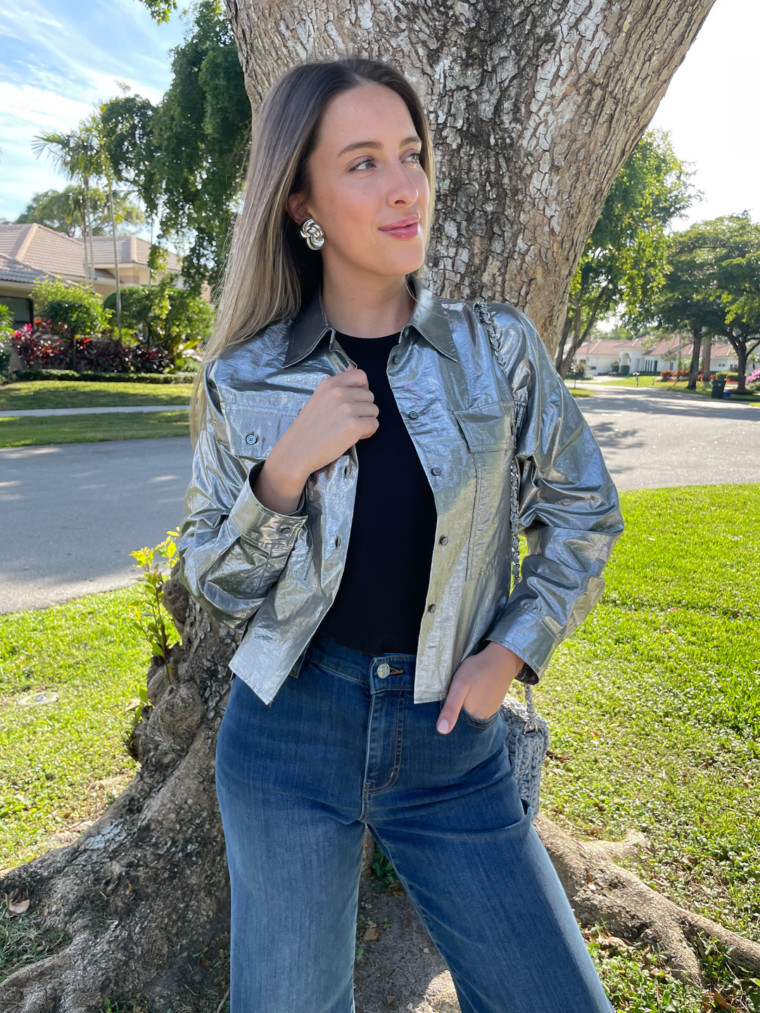 Max Mara Weekend Aldeno Shirt Jacket in Silver with Marella Sorona Tank Top in Black underneath, paired with Frame Le Slim Palazzo Raw After Jeans in Lupine, Ben Amun Silver Knot Clip-On Earrings available at Barbara Katz