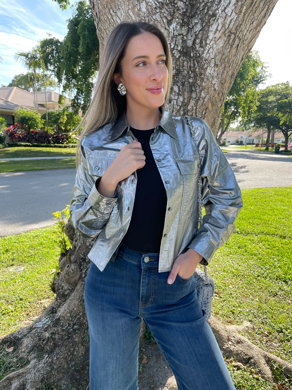 Max Mara Weekend Aldeno Shirt Jacket in Silver with Marella Sorona Tank Top in Black underneath, paired with Frame Le Slim Palazzo Raw After Jeans in Lupine, Ben Amun Silver Knot Clip-On Earrings available at Barbara Katz