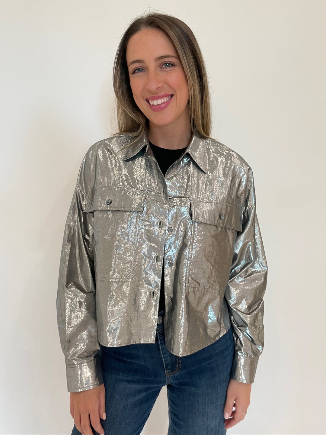 Max Mara Weekend Aldeno Shirt Jacket in Silver available at Barbara Katz