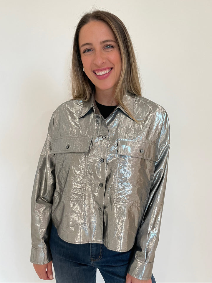 Max Mara Weekend Aldeno Shirt Jacket in Silver available at Barbara Katz