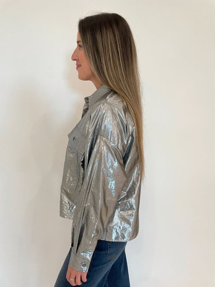 Max Mara Weekend Aldeno Long Sleeve Shirt Jacket in Silver available at Barbara Katz