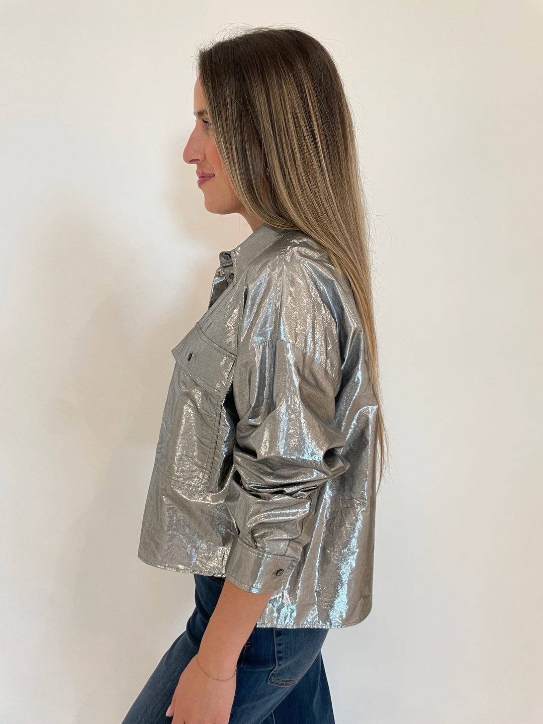 Max Mara Weekend Aldeno Shirt Jacket in Silver available at Barbara Katz