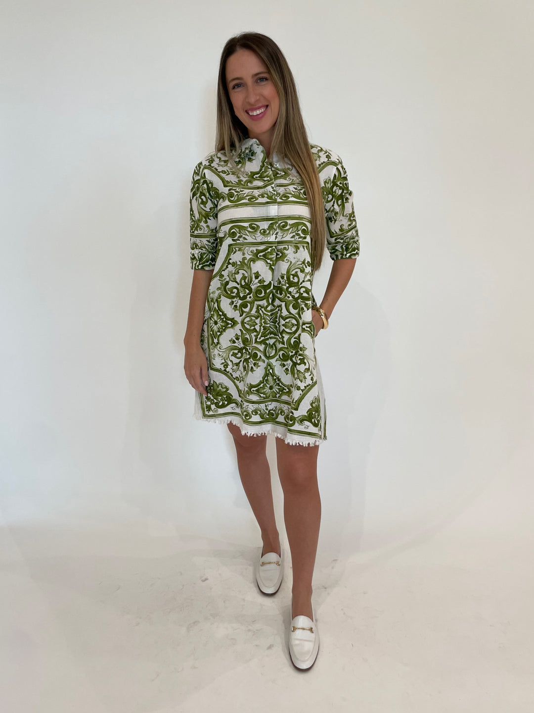 Dizzy-Lizzie Chatham Dress in Green White Tile Print with Ben Amun Ribbed Clip-On Earrings and Cielo Bangle in Gold available at Barbara Katz