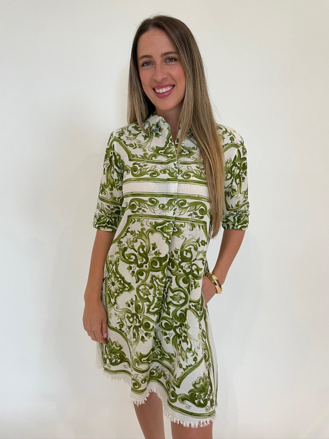 Dizzy-Lizzie Chatham Dress in Green White Tile Print available at Barbara Katz