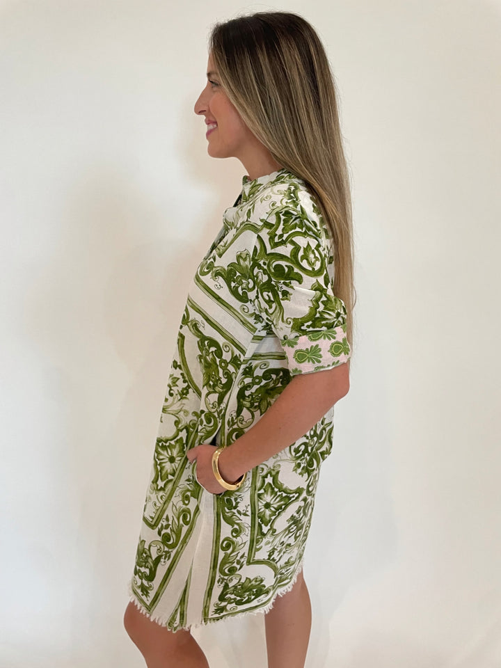 Dizzy-Lizzie Chatham Dress in Green White Tile Print with Ben Amun Cielo Bangle in Gold available at Barbara Katz