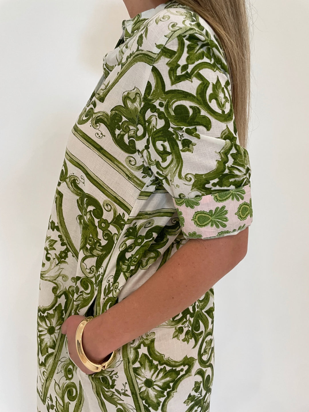 Dizzy-Lizzie Chatham Dress in Green White Tile Print with Ben Amun Cielo Bangle in Gold available at Barbara Katz