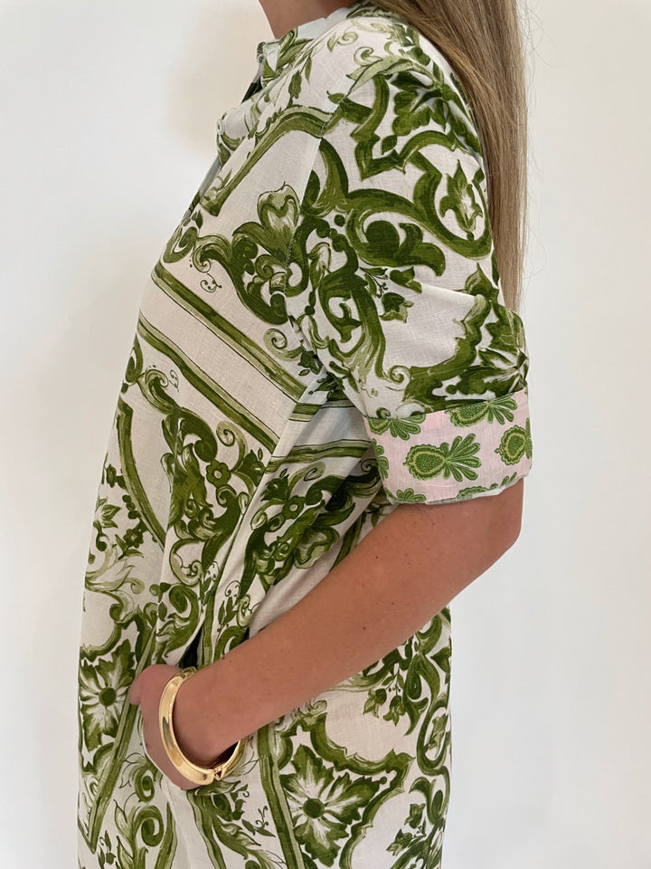 Dizzy-Lizzie Chatham Dress in Green White Tile print with Ben Amun Cielo Bangle in Gold available at Barbara Katz