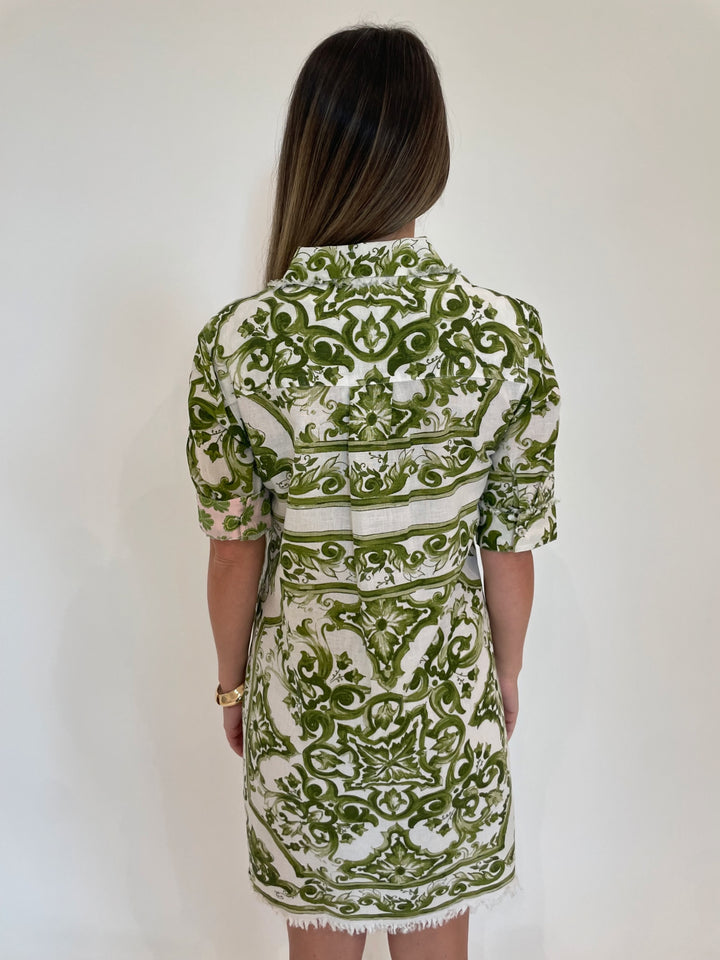 Dizzy-Lizzie Chatham Dress in Green White Tile Print available at Barbara Katz