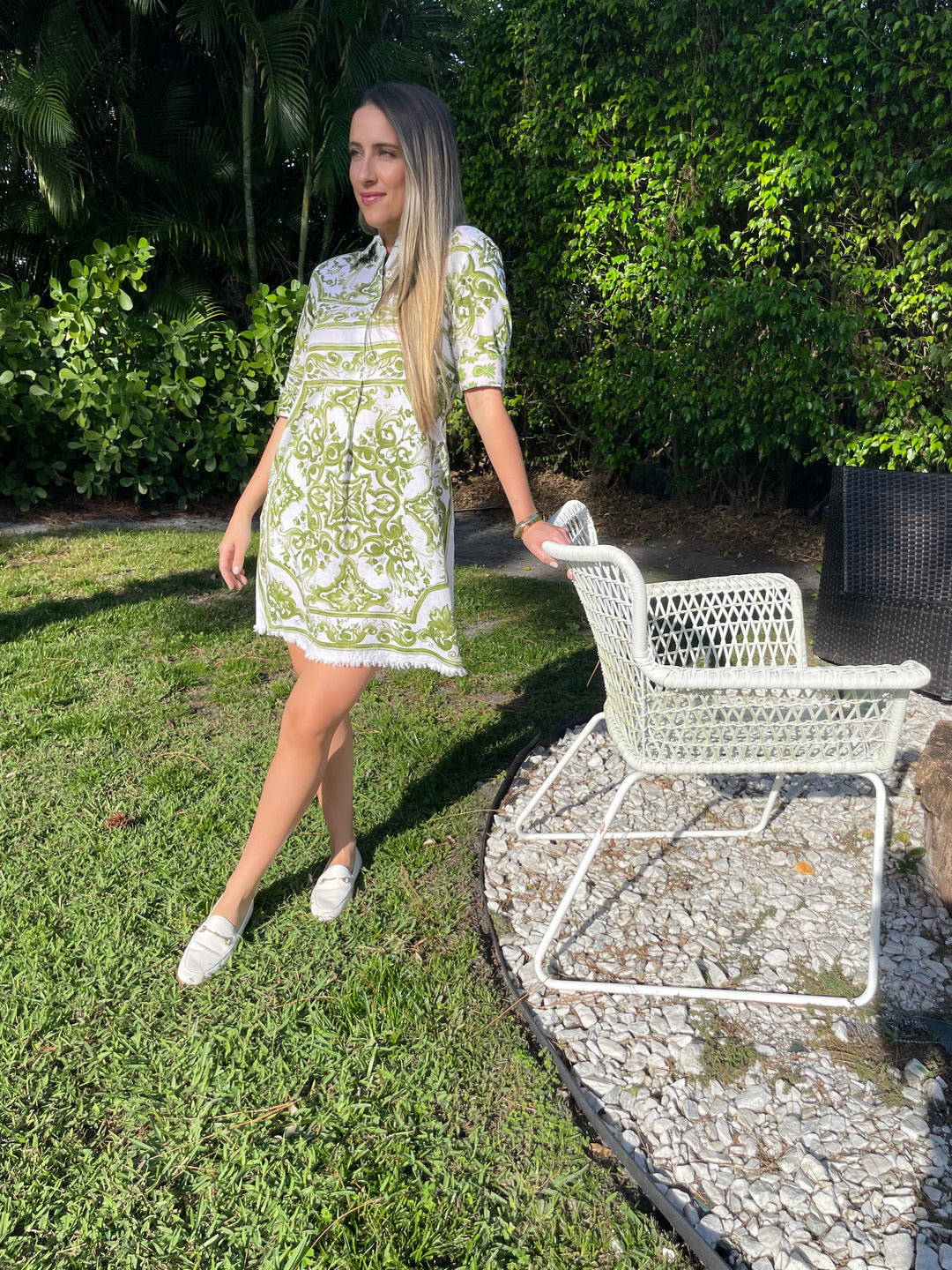 Dizzy-Lizzie Chatham Dress in Green White Tile Print with Ben Amun Cielo Bangle in Gold available at Barbara Katz