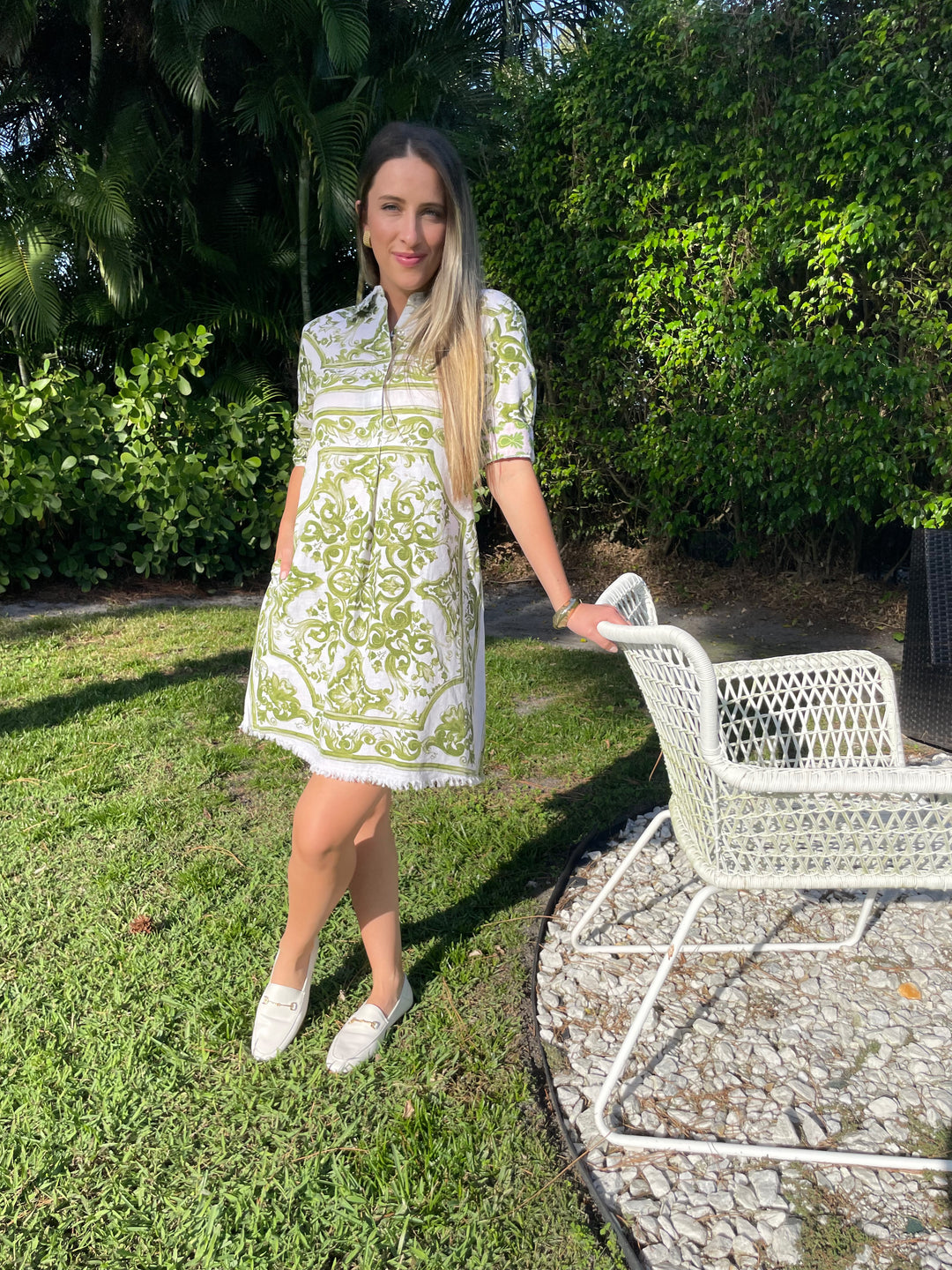 Dizzy-Lizzie Chatham Dress in Green White Tile Print with Ben Amun Ribbed Clip-On Earrings and Cielo Bangle in Gold available at Barbara Katz