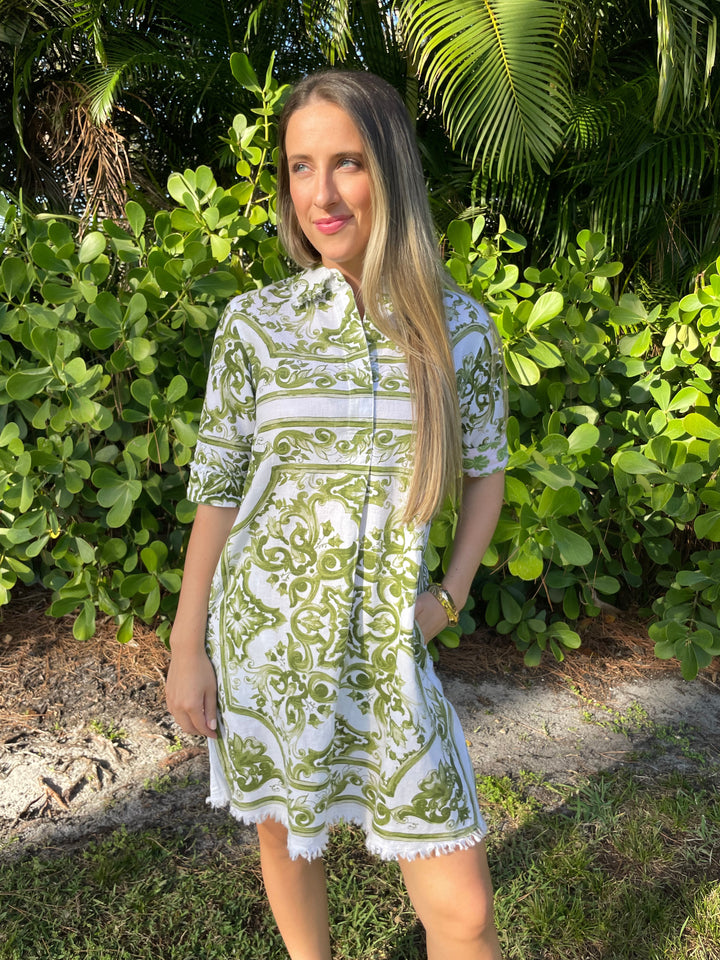 Dizzy-Lizzie Chatham Dress in Green White Tile Print with Ben Amun Cielo Bangle in Gold available at Barbara Katz