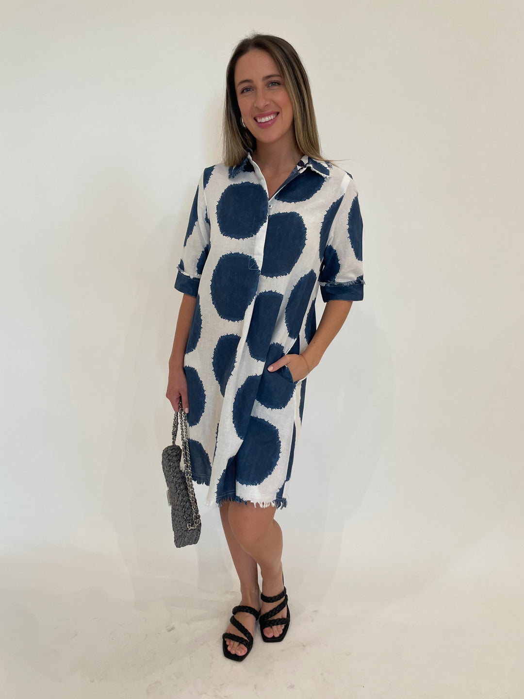 Dizzy-Lizzie Chatham Dress in Big Navy Dot Print with Lorenza Gandaglia Bagatelle Lurex Bag in Dark Grey Combo available at Barbara Katz