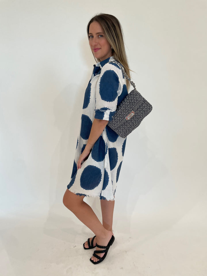 Dizzy-Lizzie Chatham Dress in Big Navy Dot Print with Lorenza Gandaglia Bagatelle Lurex Bag in Dark Grey Combo available at Barbara Katz