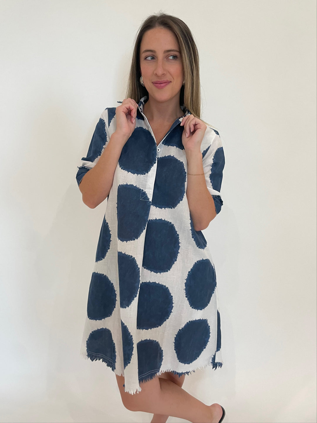 Dizzy-Lizzie Chatham Dress in Big Navy Dot Print available at Barbara Katz