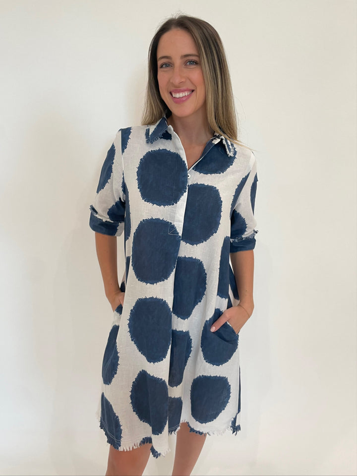 Dizzy-Lizzie Chatham Dress in Big Navy Dot Print available at Barbara Katz