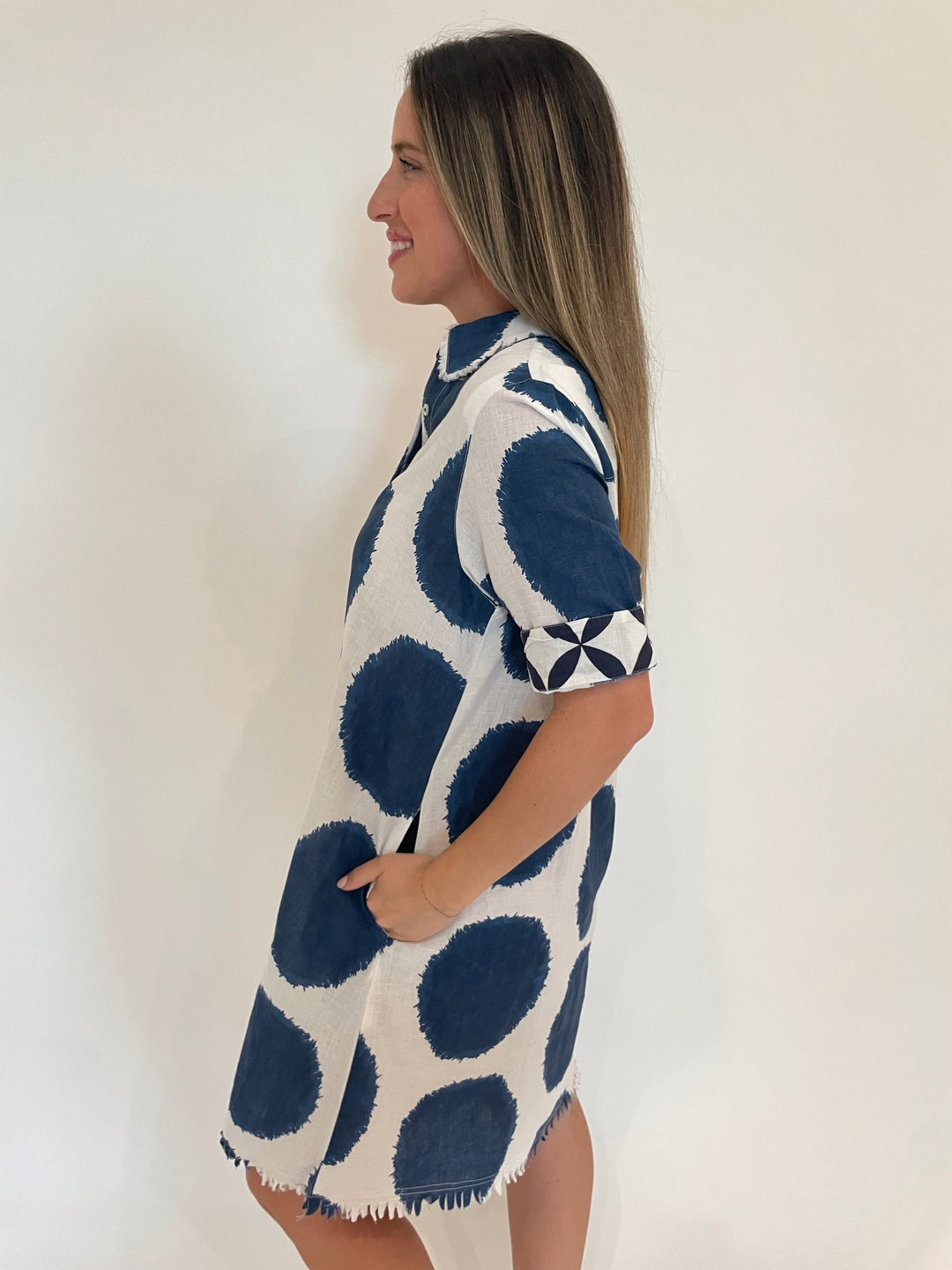 Dizzy-Lizzie Chatham Dress in Big Navy Dot Print available at Barbara Katz