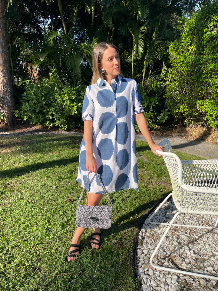 Dizzy-Lizzie Chatham Dress in Big Navy Dot Print with Lorenza Gandaglia Lurex Bagatelle in Dark Grey Combo, Ben Amun Silver Ridged Clip-On Earrings available at Barbara Katz