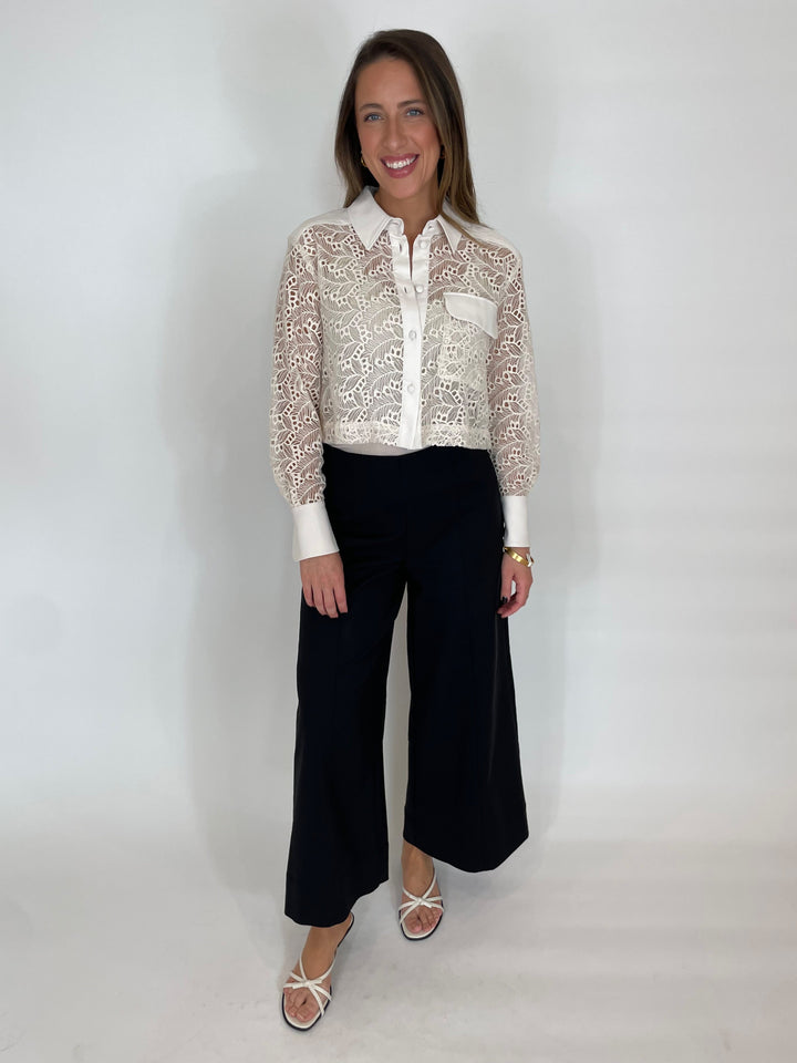 Marella Ciop Embroidered Jersey Shirt in White Tulle paired with Black Pants available at Barbara Katz