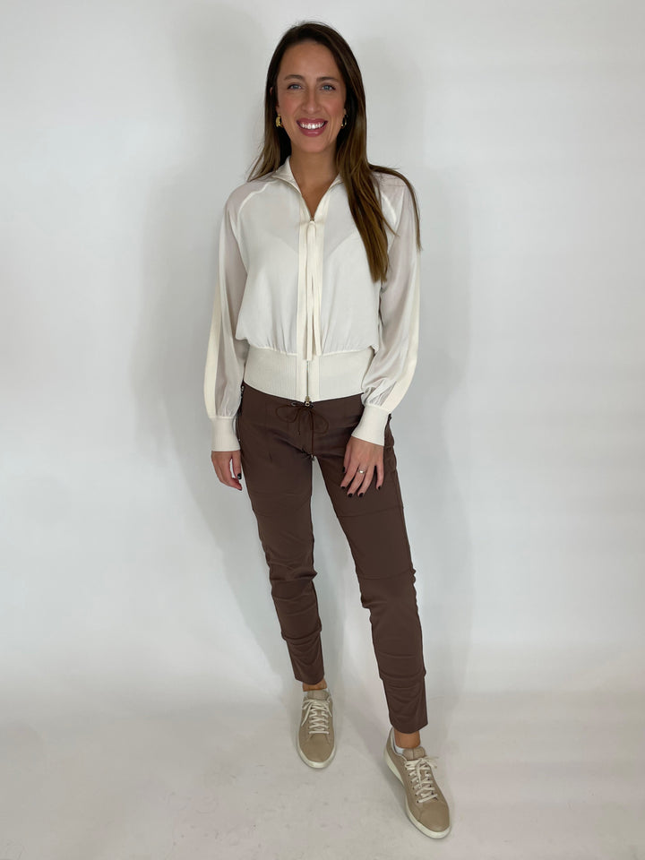 Marella Sorona Bomber Jacket in White paired with Raffaello Rossi Candy Pants in Copper available at Barbara Katz