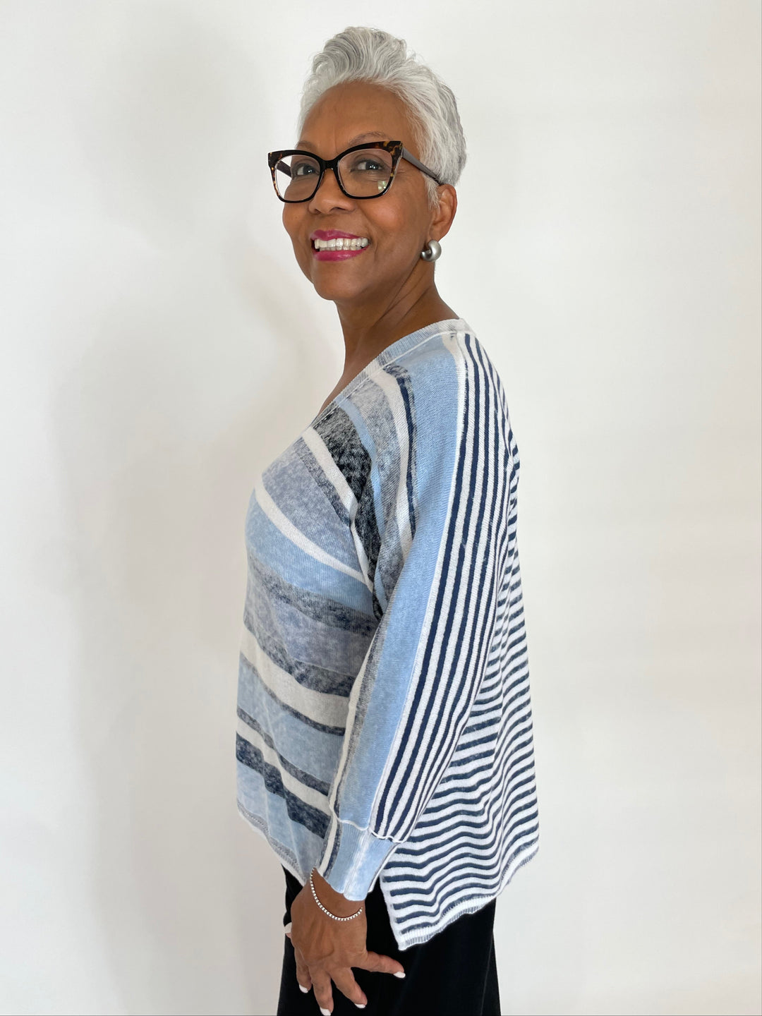 Elliott Lauren Blue Skies Blue Stripe Sweater available at Barbara Katz