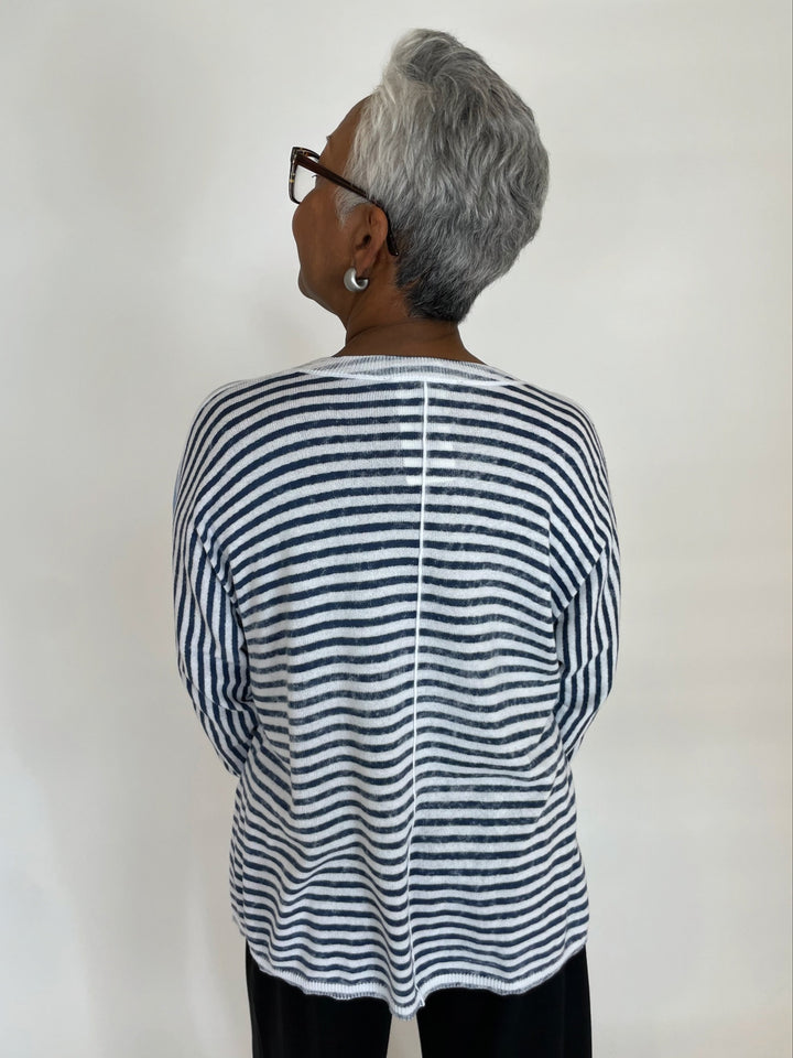 Elliott Lauren Blue Skies Blue Stripe V-Neck Sweater available at Barbara Katz