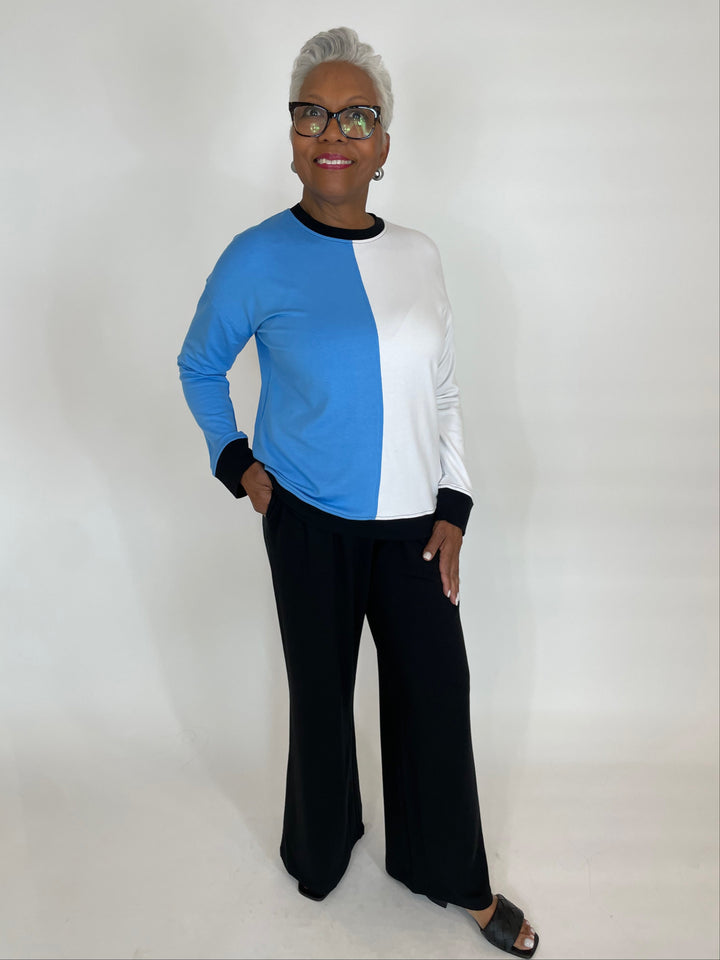 Pure Amici Allie Colorblock Sweater in Cadet paired with Pure Amici Lisa Pants in Black available at Barbara Katz