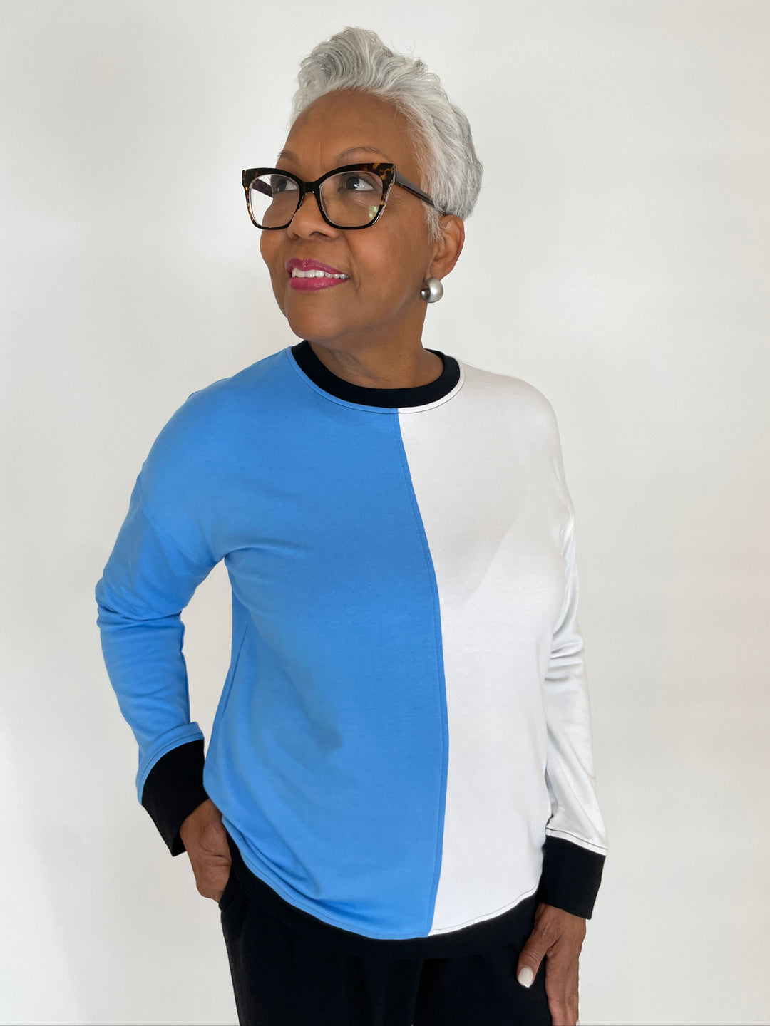 Pure Amici Allie Color Block Sweater in Cadet available at Barbara Katz