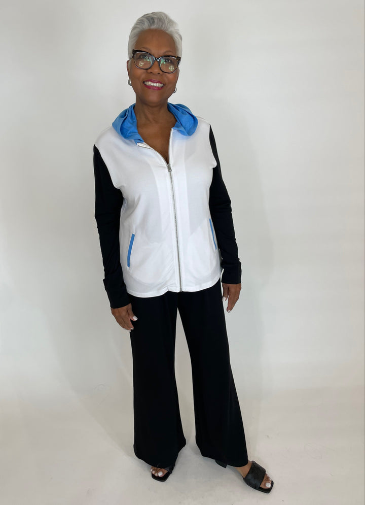 Pure Amici Leni Hoodie in Cadet paired with Pure Amici Lisa Pants in Black available at Barbara Katz