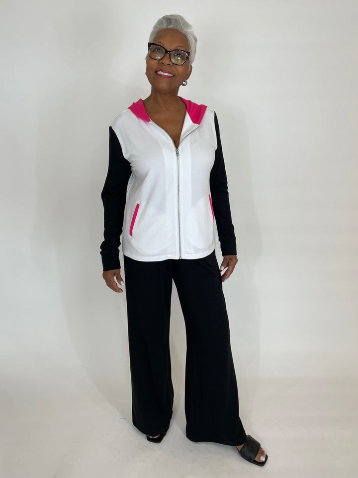 Pure Amici Leni Hoodie in Cerise paired with Pure Amici Lisa Pants in Black available at Barbara Katz