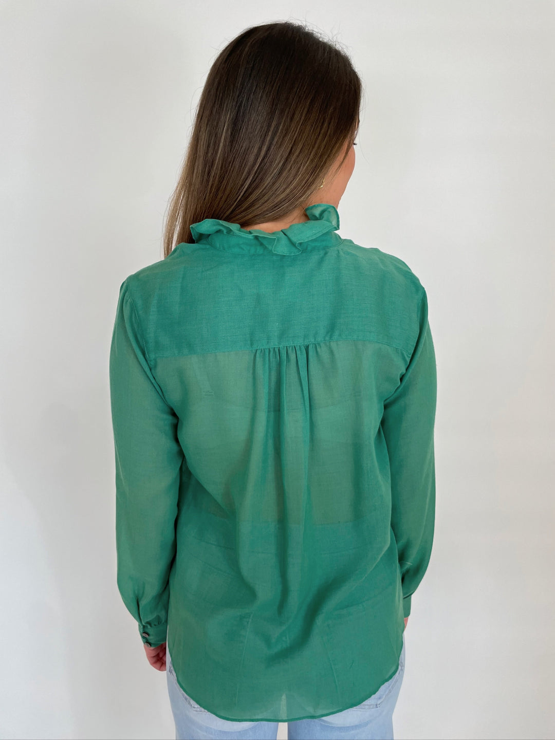 BK Rachel Ruffle Shirt in Emerald available at Barbara Katz