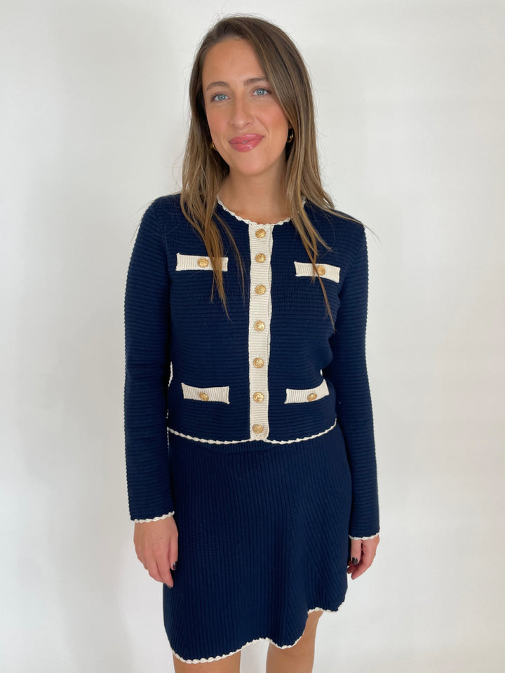 BK Makenna Jacket in Indigo paired with matching Makenna Skirt available at Barbara Katz