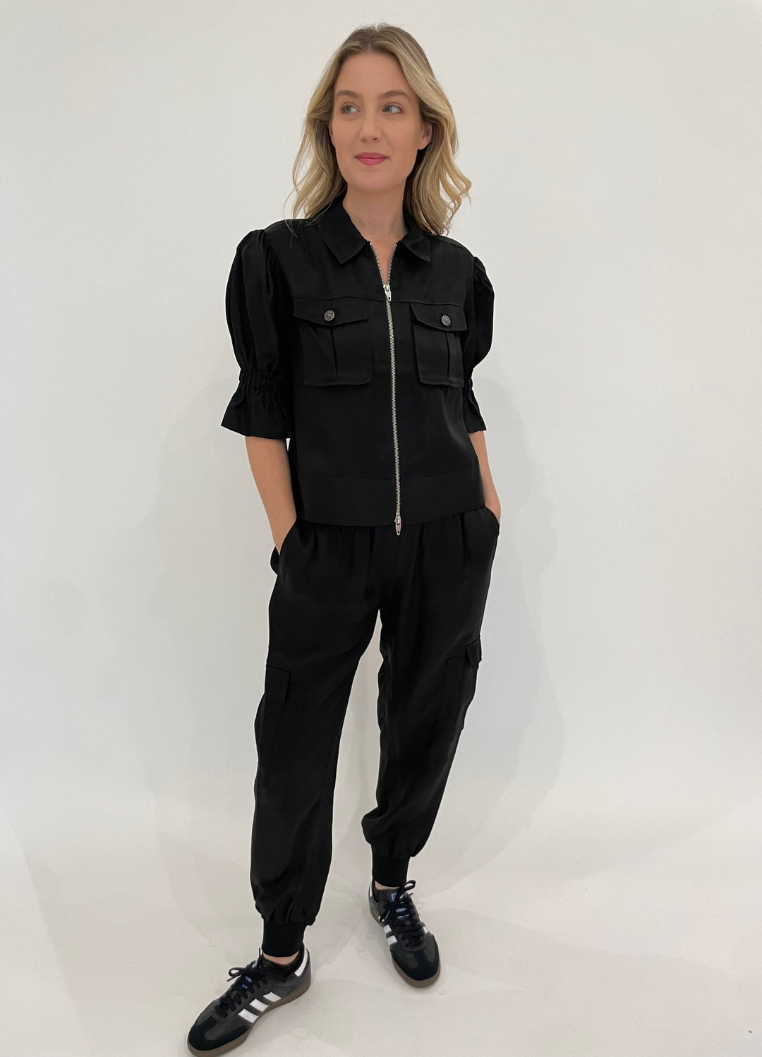 Cinq a Sept Holly Jacket in Black paired with matching Giles Pants in Black available at Barbara Katz