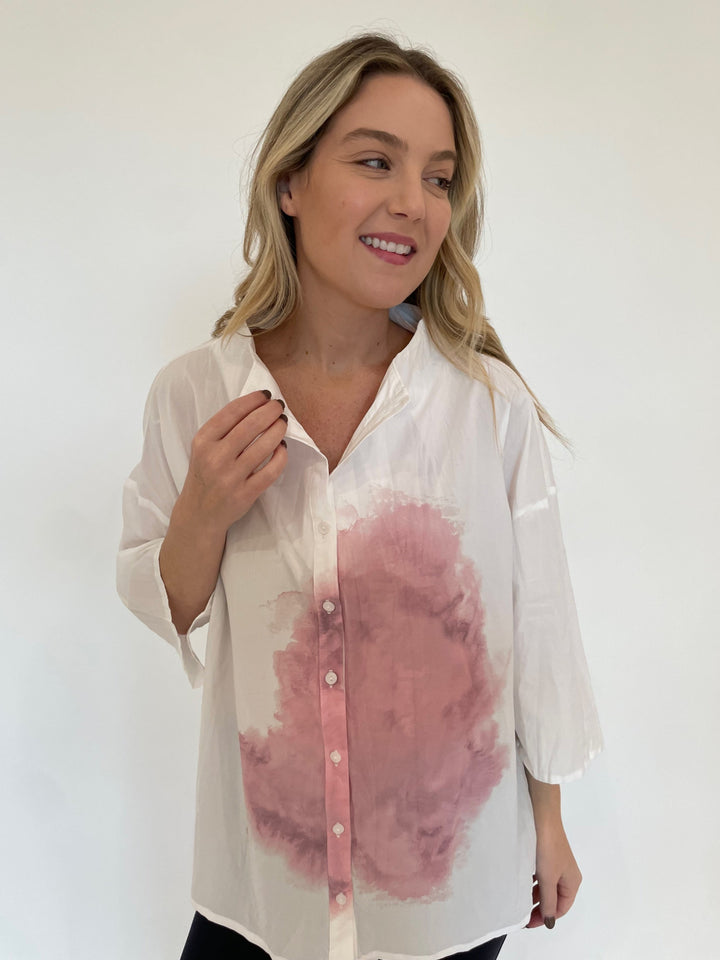 Ozai N Ku Clea Pink Splatter Blouse in White available at Barbara Katz