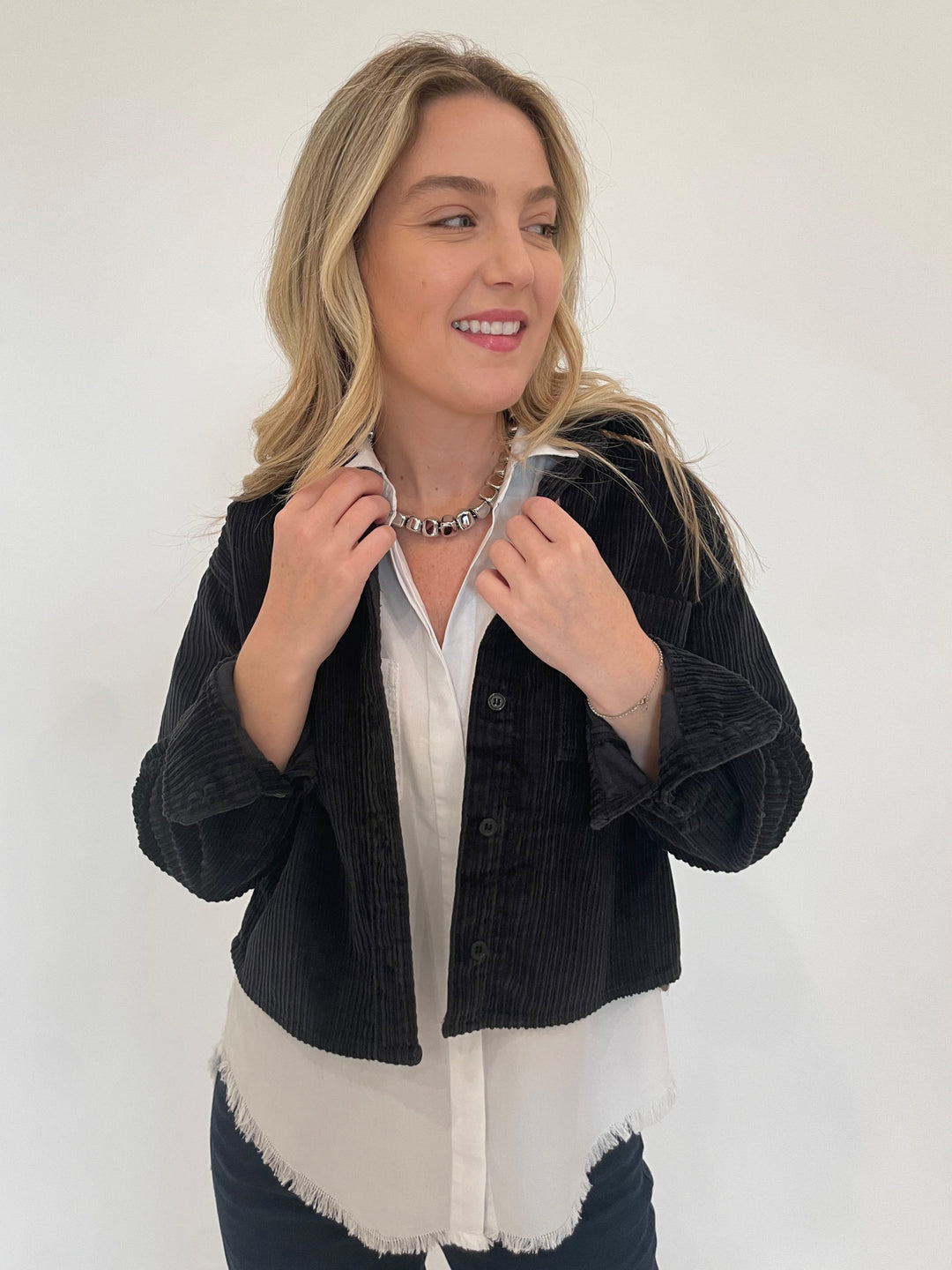 BK Cordelia Corduroy Crop Jacket in Iron with BK Riley Roll Sleeve Frayed Shirt underneath, Vanessa Baroni Mini Organic Shaped Necklace in Silver available at Barbara Katz