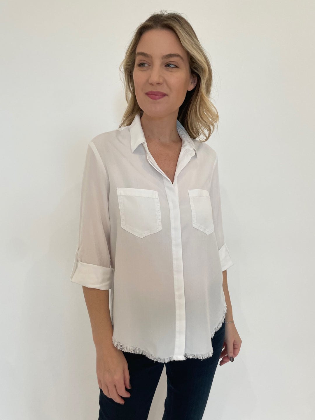 BK Riley Roll Sleeve Frayed Shirt in Optic White available at Barbara Katz