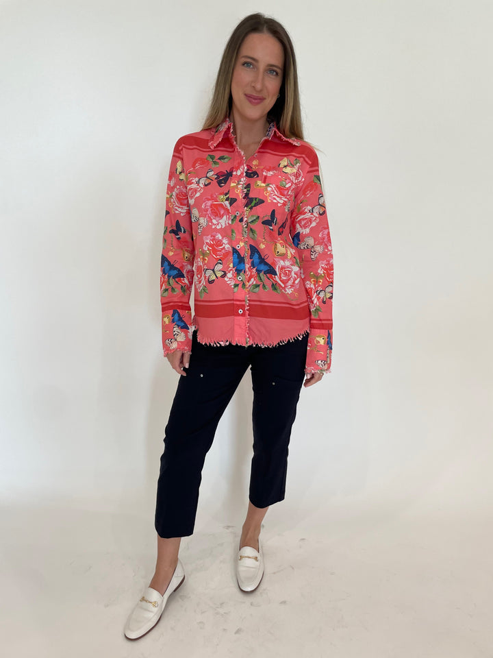 Dizzy-Lizzie Cape Cod Frayed Shirt in Butterfly Print paired with Elliott Lauren Crop Cargo Pants in Navy available at Barbara Katz