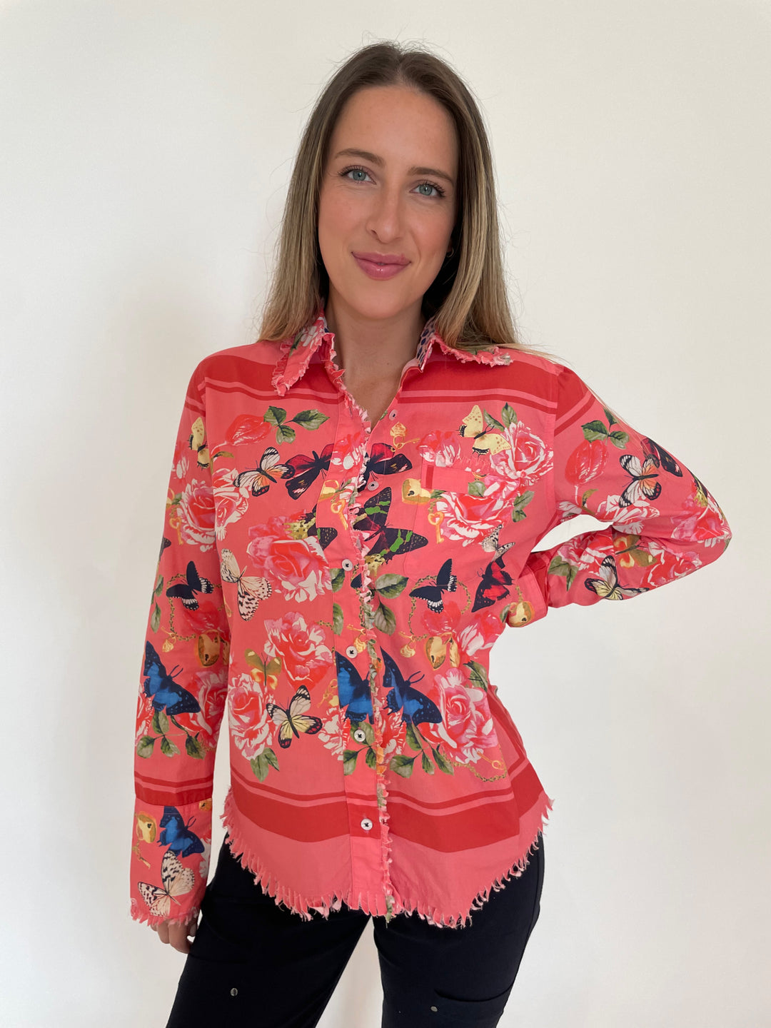 Dizzy-Lizzie Cape Cod Frayed Shirt in Butterfly Print available at Barbara Katz