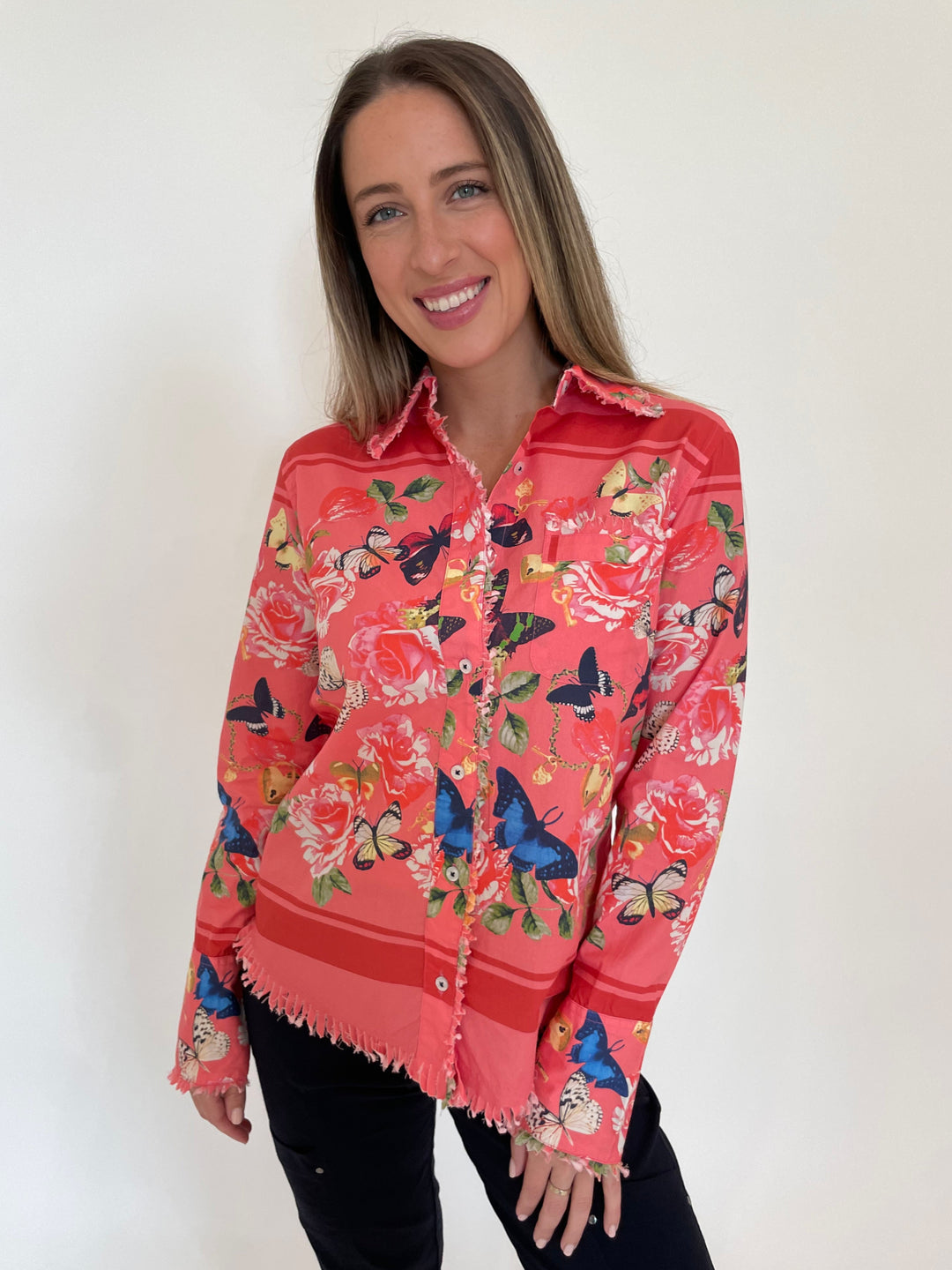 Dizzy-Lizzie Cape Cod Frayed Shirt in Butterfly Print available at Barbara Katz